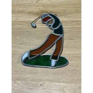 Vtg Stained Glass Golfer Man Sun Catcher Window